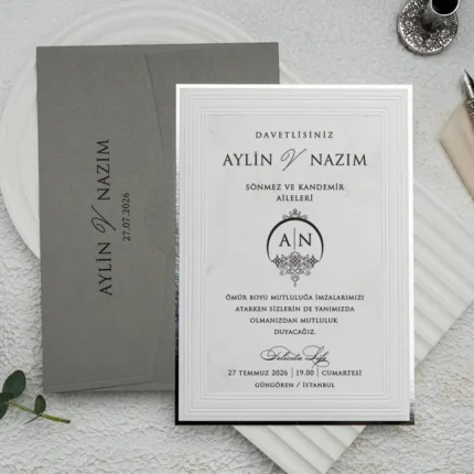 Invitație de nuntă elegantă gri cu chenar reliefat și design clasic – model premium rafinat