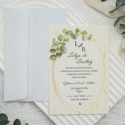 Invitație de nuntă cu ramuri verzi și ramă ovală aurie – design elegant natural