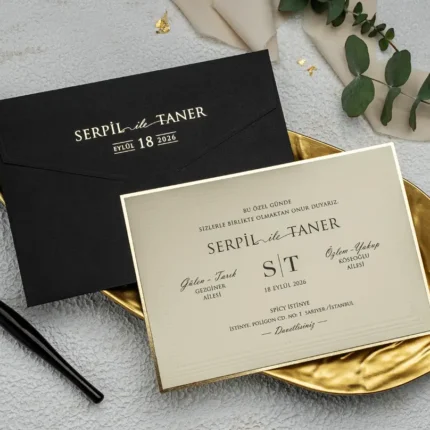 Invitație de nuntă negru cu auriu și ramă elegantă – design clasic premium