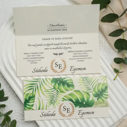 Invitație de nuntă cu frunze tropicale și bandă decorativă – design exotic elegant