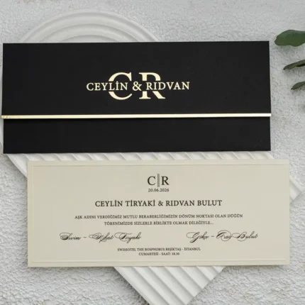 Invitație de nuntă negru cu bandă aurie și format panoramic – design elegant premium