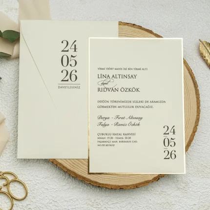 Invitație de nuntă elegantă crem cu accente aurii – model clasic premium minimalist