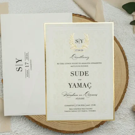 Invitație de nuntă elegantă cu chenar auriu și monogramă clasică – model premium rafinat