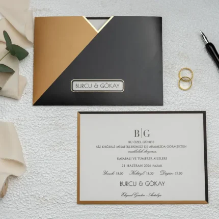 Invitație de nuntă negru cu auriu modern – design geometric elegant premium
