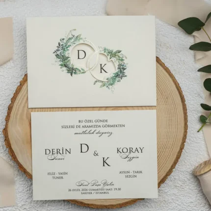 Invitație de nuntă elegantă cu verighete și design botanic – model romantic premium