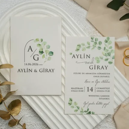Invitație de nuntă albă cu frunze verzi și design natural – model elegant minimalist