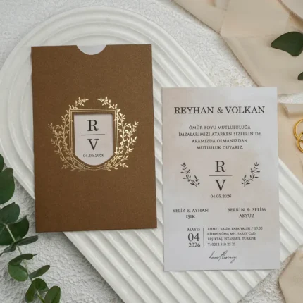 Invitație de nuntă elegantă cu husă maro și detalii aurii – design clasic premium cu monogramă
