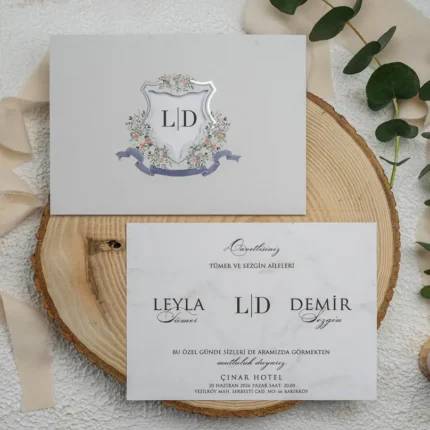 Invitație de nuntă cu blazon floral și monogramă – design elegant romantic premium