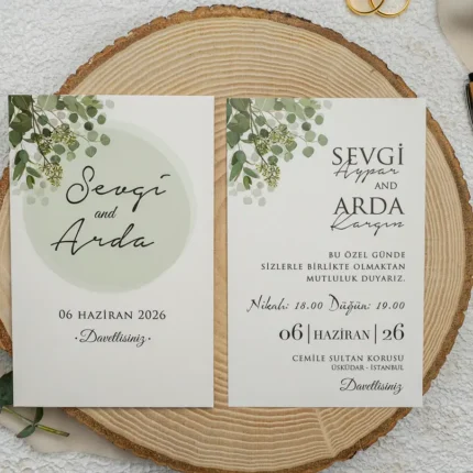 Invitație de nuntă albă cu accente verzi și design minimalist natural – model elegant modern