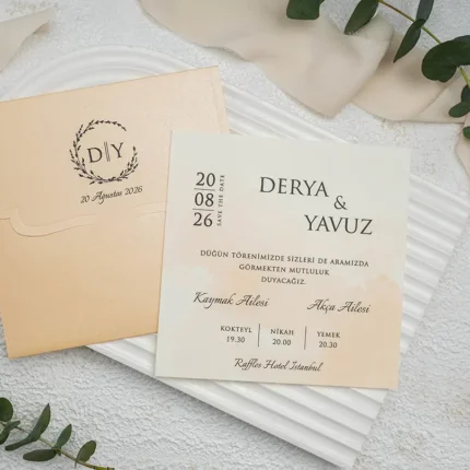 Invitație de nuntă crem cu accente aurii și design minimalist – model elegant modern
