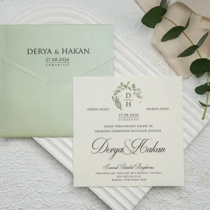 Invitație de nuntă elegantă verde mentă cu detalii florale – model romantic modern