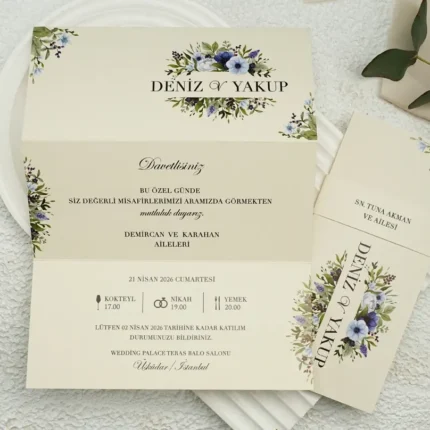Invitație de nuntă crem cu flori albastre și design romantic – model elegant floral