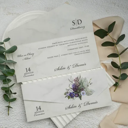 Invitație de nuntă elegantă cu efect marmură și detalii florale – model modern premium