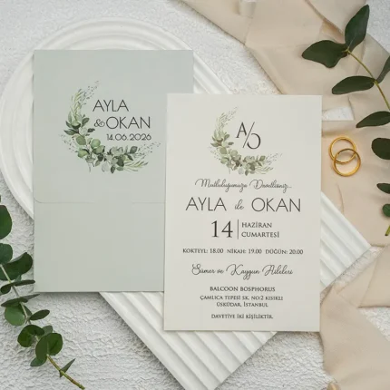 Invitație de nuntă verde pastel cu elemente botanice și design minimalist – model elegant natural
