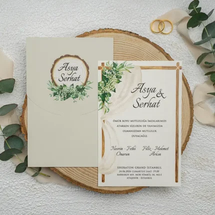 Invitație de nuntă elegantă cu elemente botanice și cadru auriu – design romantic premium