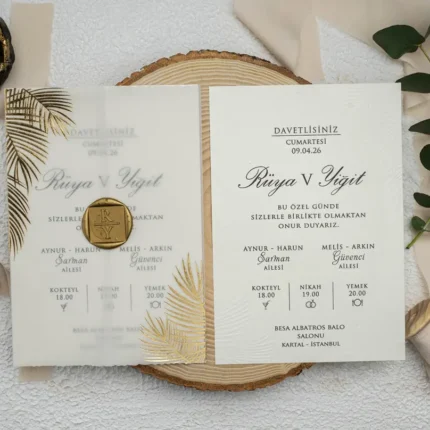 Invitație de nuntă elegantă transparentă cu accente aurii – model luxury modern premium