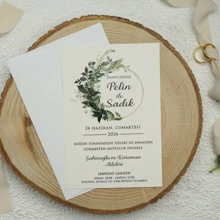 Invitație de nuntă cu cerc floral verde și design natural elegant – model modern minimalist