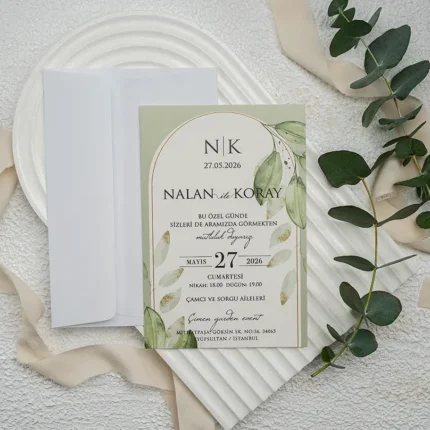 Invitație de nuntă cu frunze verzi și ramă arcuită aurie – design elegant natural