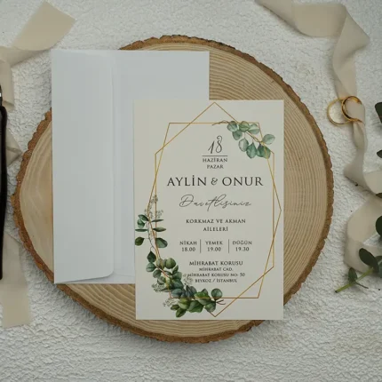 Invitație de nuntă cu ramă geometrică aurie și frunze verzi – design modern elegant