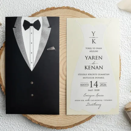 Invitație de nuntă tematică mire și mireasă – design elegant tip costum și rochie