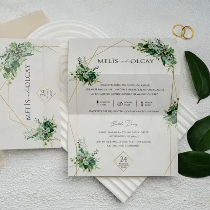 Invitație de nuntă albă cu accente verzi și linii aurii geometrice – design elegant modern