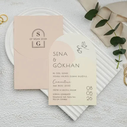 Invitație de nuntă pastel cu forme arcuite și design modern – model elegant minimalist