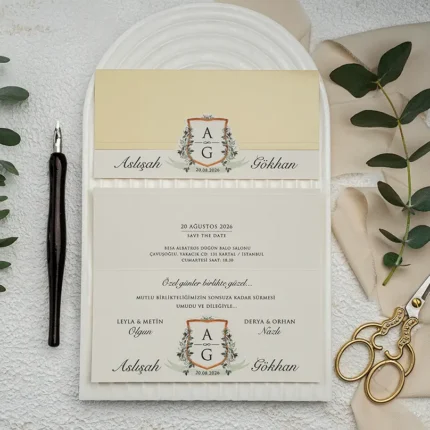 Invitație de nuntă tip folder cu bandă decorativă și monogramă – design elegant premium
